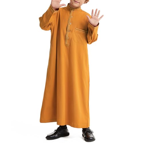 Muslim Thobe for Boys Islamic Thobe Long Sleeve Kaftan Stand Collar Button 𝐑obe Kids Ramadan Eid Outfit Prayer Clothes - color: Yellow, size: 3-4T