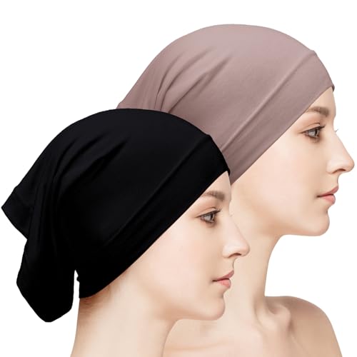 Loopeer 2 Pcs Hijab Undercaps No Slip for Women Islamic Muslim Hijab Cap Scarf for Turban Tube Neck Cover - color: Black, Khaki