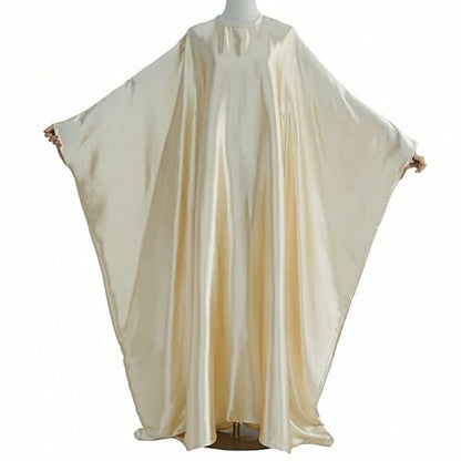 Abaya Muslim Women Dress Satin Batwing Sleeve Kaftan Maxi Arabian Dubai Islamic Ramadan Prayer Dress with Hijab Scarf - color: Beige
