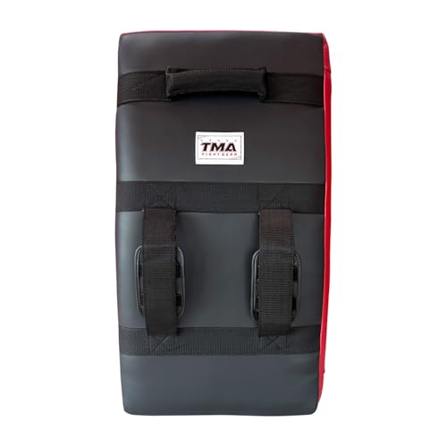 TMA Kick Shield Muay Thai Kickboxing, Heavy Curved Kicking Striking Body Pad, Target MMA Boxing Training, Kickboxing Body Shield, 3 Padded Handles, Karate Kicking Pads, Sparring Sheild - color: Black/Red
