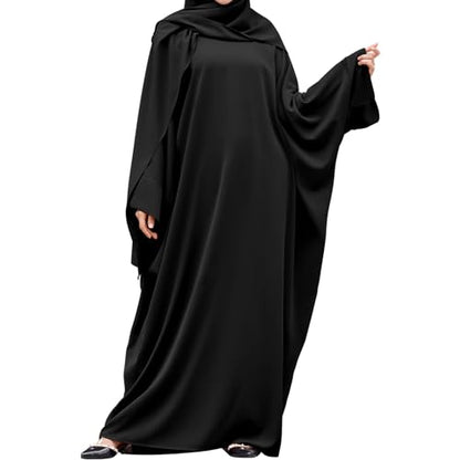 IDOPIP Abayas for Women Muslim Dress with Hijab, One-Piece Long Sleeve Islamic Prayer Dress with Khimar Jilbab Kaftan Clothes - color: Black (1pc Dress Only)
