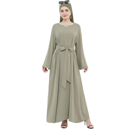 khalat Muslim Abaya Dress Women Solid Color Modest Prayer Robe Islamic Dubai Long Sleeve Lightweight Maxi Dress - color: Green, size: X-Large