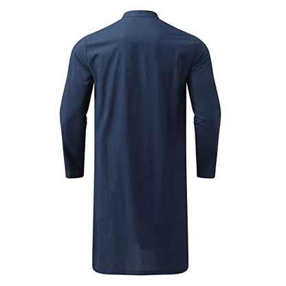Alalaso Mens Muslim Thobe Kaftan Robe Saudi Arabic Middle East Islamic Long Gown Dress Long Sleeve Clothing Ramadan Jubbah - color: 2-navy, size: 3X-Large