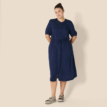 Amazon Essentials Women's Relaxed Fit Half-Sleeve Breathable Button Front Drawstring Waist Midi A-Line Dress with Pockets - color: Navy, size: X-Small