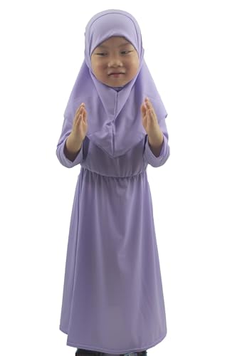 Girls Kids 2 Pcs Muslim Abaya Prayer Dress with Hijab Islamic Headscarf for Girl Robe Ramadan Eid Clothes - color: Lavender, size: Height 110CM-120CM