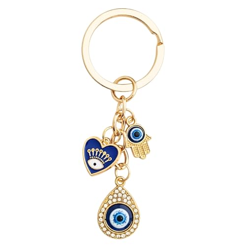 Blue Evil Eye Keychain Hamsa Hand Protection Keyring Good Luck Amulet for Purse Keys,Spiritual Gift for Women Men - color: Gold-4