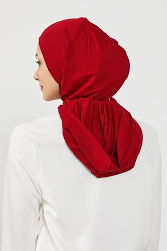 Aisha's Design Full Coverage%95 Cotton Bonnet for Women, Ready-to-Wear Hijab Bonnet Headscarf with Neck Coverage - color: Dark Red