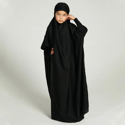 IDOPIP Muslim Dress for Girls One Piece Long Sleeve Islamic Prayer Dress with Hijab Casual Maxi Kaftan Abaya Gown Clothes - color: Black, size: 8-9 Years
