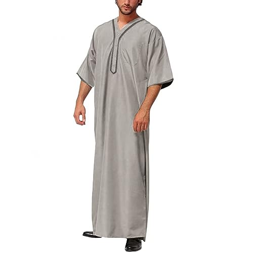 Ctreela Men's Half Sleeve Thobe Muslim Kaftan Dubai Long Gown Saudi Arab Thobe Ramadan Islamic Robes for Casual Summer Beach - color: Gray, size: Small