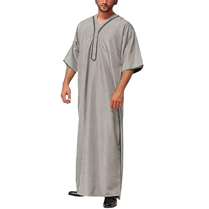 Ctreela Men's Half Sleeve Thobe Muslim Kaftan Dubai Long Gown Saudi Arab Thobe Ramadan Islamic Robes for Casual Summer Beach - color: Gray, size: 3X-Large