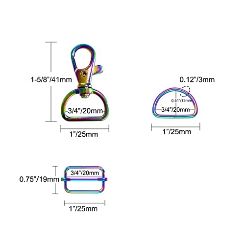 WAFJAMF Metal Snap Hook Ring Bulk 30 Pcs, Swivel Clasp Buckle and Non-Welded D Ring 10 Pcs, Adjustable Rectangular Buckle (3/4' Inside Width Rainbow) - color: Rainbow, size: 3/4” Inside Width
