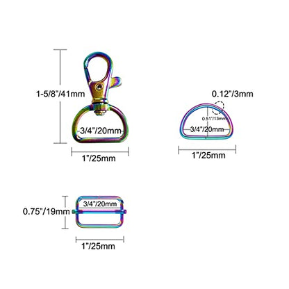 WAFJAMF Metal Snap Hook Ring Bulk 30 Pcs, Swivel Clasp Buckle and Non-Welded D Ring 10 Pcs, Adjustable Rectangular Buckle (3/4' Inside Width Rainbow) - color: Rainbow, size: 3/4” Inside Width