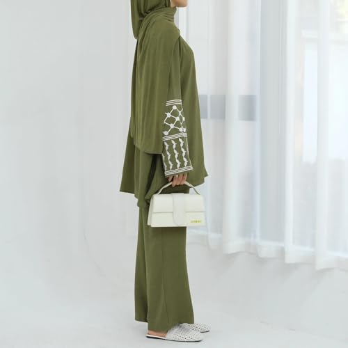 2 Piece Muslim Outfits for Women Palestine Embroidery Abayas Long Sleeve Loose Top Pants Islamic Dubai Prayer Clothes - color: Army Green, size: Large