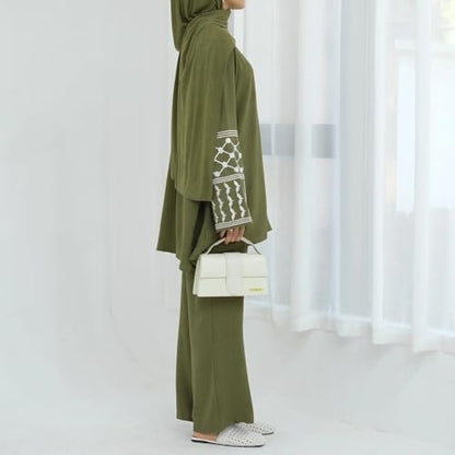 Women's Top + Pants Eid Ramadan Muslim Two-piece Outfits Embroidered Dubai Abaya Islamic Arabic Clothing - color: Army Green, size: X-Small-Small