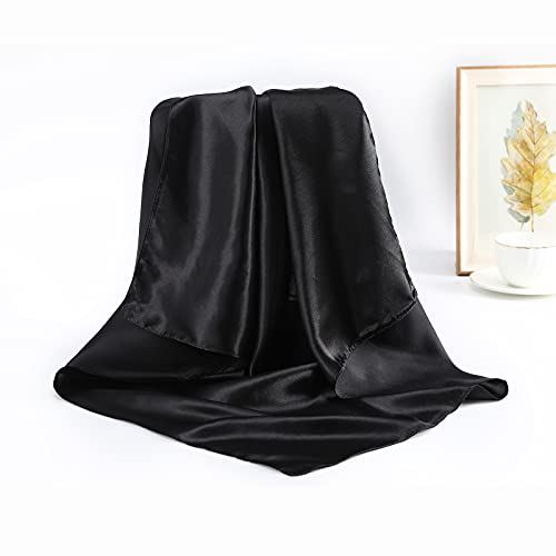 AWAYTR 35” Large Satin Square Head Scarf - 2Pcs Silk Like Floral Head Scarves Square Satin Hair Scarf Bandanas for Women - color: Solid Color(black/Camel)
