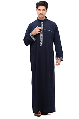 Men’s Modern Arabic Thobe – Pure Color Long Sleeve Kaftan Robe, Perfect for Eid or Weddings - color: Navy Blue, size: 62