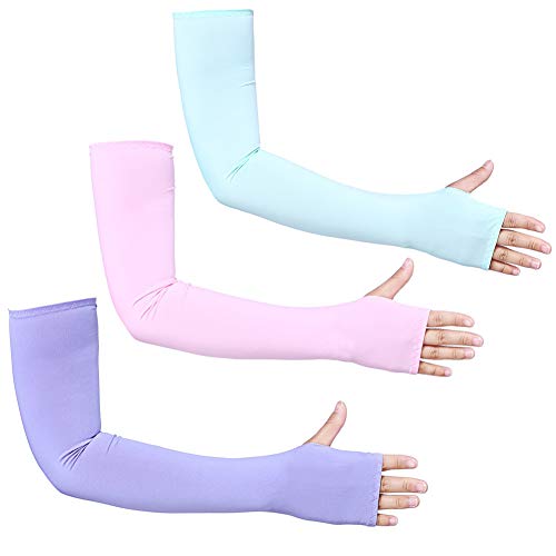 Bacophy 3 Pairs Arm Sleeves with Thumb Holes Women Men UV Protection Cooling, UPF 50 Compression Long Arm Cover - color: 3-pairs Blue+pink+purple