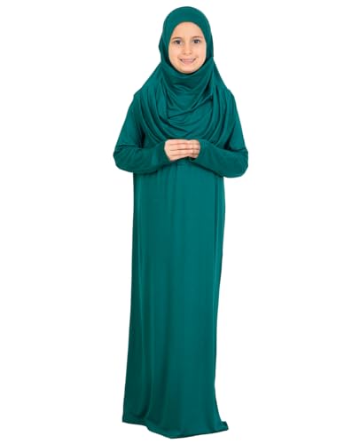 Prien Kids Muslim Prayer Dress With Hijab & Pouch, Soft Viscose Abaya For Girls, Islamic Clothes, Robe For Eid, Ramadan - color: Emerald