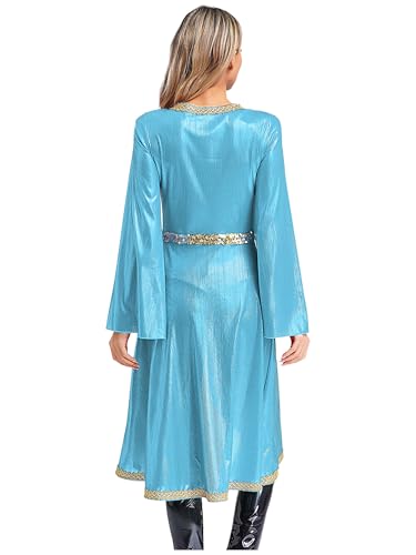 Women Muslim Abaya Dress Long Sleeve High Waist Embroidery Sparkly Caftan Islamic Evening Gown - color: Blue, size: 3X-Large