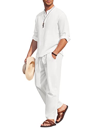 COOFANDY Men's 2 Pieces Cotton Linen Set Long Sleeve Henley Shirts Casual Beach Pants With Pockets Summer Yoga Outfits - color: All White, size: Large