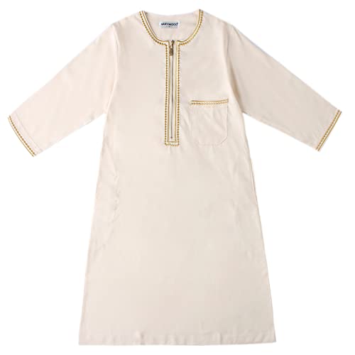Boys Muslim Kaftan Islamic Thobe Kids Boys Muslim Dress Arabic Thobe Abaya Prayer Clothes Dubai Ramadan Eid Outfit - color: Beige, size: 9-10 Years