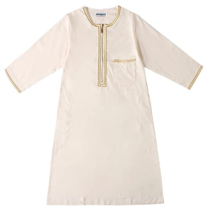 Boys Muslim Kaftan Islamic Thobe Kids Boys Muslim Dress Arabic Thobe Abaya Prayer Clothes Dubai Ramadan Eid Outfit - color: Beige, size: 6-8 Years