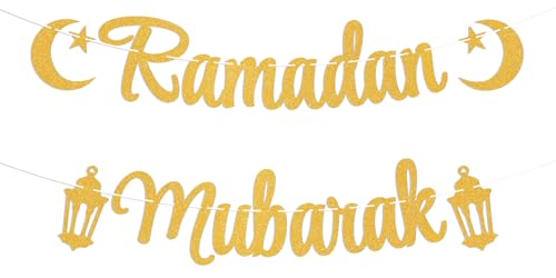 Ramadan Mubarak Banner - Ramadan Party Decor, Happy Eid Banner, Muslim Islamic Eids Festival Party Decorations Gold Glitter