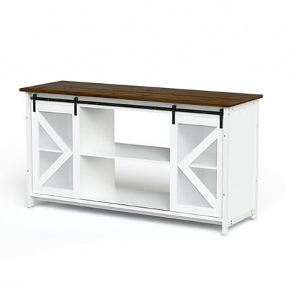 80 Gallon Fish Tank Stand with Power Outlet, Heavy Duty Aquarium Stand with Accessories Storage Cabinet and Sliding Barn Door - Metal Fish Tank Stand for Turtle, Reptile, for 2 Tanks, White+ Walnut