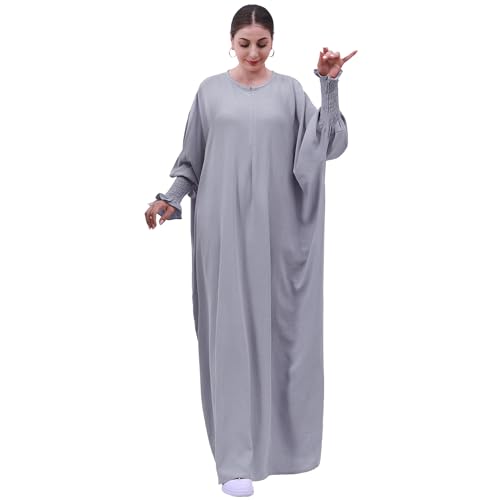 khalat Womens Muslim Prayer Dress Front Zipper Kaftan Islamic Robe Modest Solid Abayas for Women Muslim - color: Light Gray