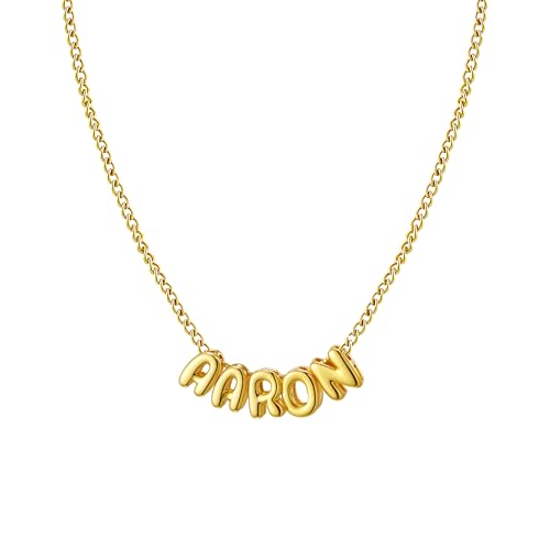 Ldurian Personalized Bubble Name Necklace, Tiny Name Plate Pendant Necklace, 14K Gold Plated Charm Cute Pre-made Jewelry for Women - size: 2 Aaron