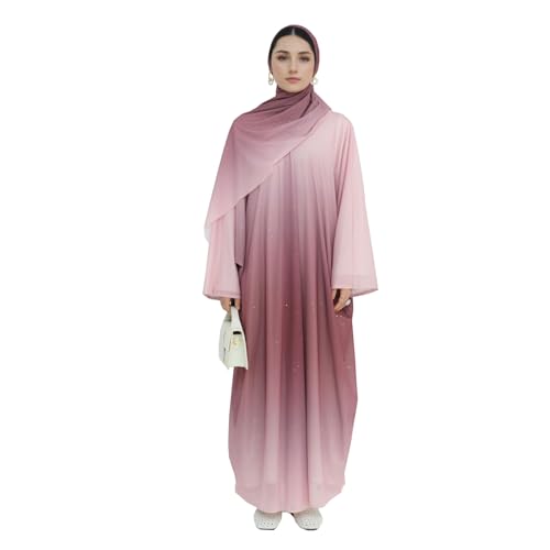 Muslim Women Abaya Gradient Flash Cardigan Sequin Robe with Hijab | Gradient Color, Flash Sequin, Scarf Hijab - color: 핑크, size: M