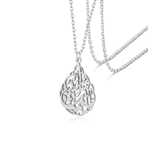 VASSAGO Islam Muslim Necklace for Women Stainless Steel Teardrop Pendant Arabic Calligraphy Script Allah Necklace Islam Eid Ramadan Gift Religious Jewelry - color: silver ayatul kursi necklace