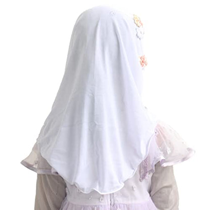 Instant Hijab for Kids Girls Hijabs Muslim Islamic Head Scarf with Rhinestone and Flowers - color: White
