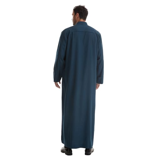 IWEMEK Muslim Thobe for Men Kaftan Thobe with Pockets Middle East Saudi Arabic Robe Ramadan Caftan Dubai Islamic Abaya Dress - color: Dark Blue, size: Large