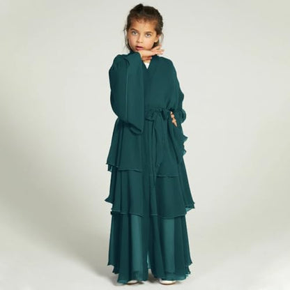 Chiffon layered Open Abaya Dubai Kaftan Muslim Cardigan Abayas Dresses For Girls Casual Robe Kimono Islam Clothing - color: Dark Green, size: 13-14 Years