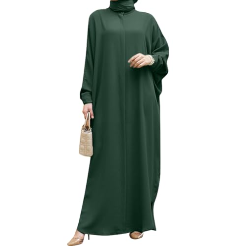 IBTOM CASTLE Womens Muslim Dress Ramadan Abaya Batwing Sleeve Henley Shirt Prayer Dress Kaftan Dubai Islamic Loose Maxi Dress - color: Dark Green