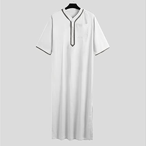 Thawb Men Big and Tall Kaftan Long Sleeve V Neck Kaftan Thobe Men Thobe with Pocket Muslim Men Thobe - color: White-1, size: Large