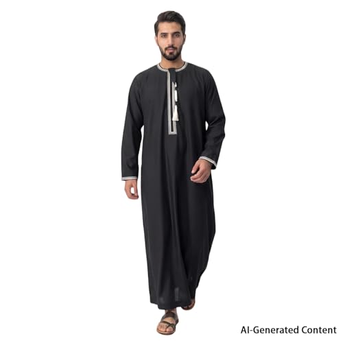 Kaftan for Men Muslim Gown Islamic Thobe Shirts Ramadan Abaya Dubai Arab Robe Long Sleeve Middle Eastern Kaftan - color: Black, size: X-Large