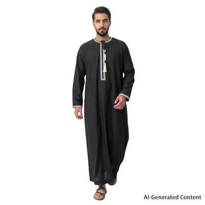 Kaftan for Men Muslim Gown Islamic Thobe Shirts Ramadan Abaya Dubai Arab Robe Long Sleeve Middle Eastern Kaftan - color: Black, size: X-Large