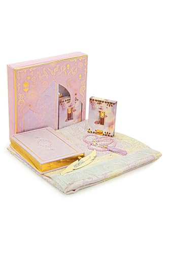 ihvan online Prayer Gift Set for Men & Women, Muslim Prayer Rug, Salah Mat, Beads Taasbih, Arabic Holy Quran, Islamic Gift Set for Ramadan & Eid, Pink - color: Pink