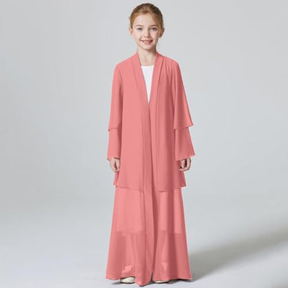 Kids Abaya Dress for Girls Muslim Dress with Hijab Chiffon Layered Open Front Cardigan Ramadan Eid Kaftans Dubai Outfit - color: Pink, size: 9-10 Years