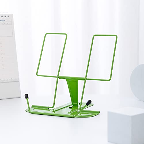 Metal Book Stand for Desk, Adjustable Reading Rest Book Holder, Portable Cookbook Documents Holder, Sturdy Typing Stand for Recipes Textbooks Tablet Music Books with Page Clips (Green) - color: Green