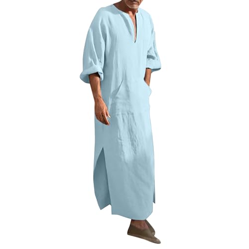 Mens Kurta Linen V Neck Long Sleeve Kaftan Casual Modern Everyday Thobes Soft Breathable Lightweight Kurta - color: 03#_light Blue, size: Medium