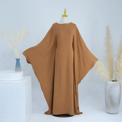 Abaya Dress for Women Soft Crepe Like Linen Khimar Butterfly Batwing Dubai Islam Muslim Kaftan Modest Prayer Dress - color: Khaki, size: Medium