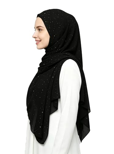 Lina & Lily Sparkle Shimmer Gold Glitter Women's Chiffon Hijab Head Scarf Shawl Wrap Lightweight - color: Black
