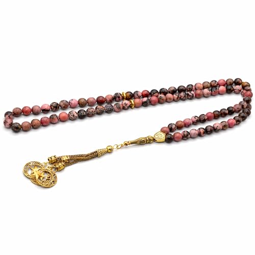 Amazing Gemstone Crystal Tasbeeh with Moon and Star Charm - Certified Crystal Muslim Prayer Beads Natural Gemstone Tasbih Gift for Ramadan Dhikr and Daily Namaz (G) - color: Rhodonite