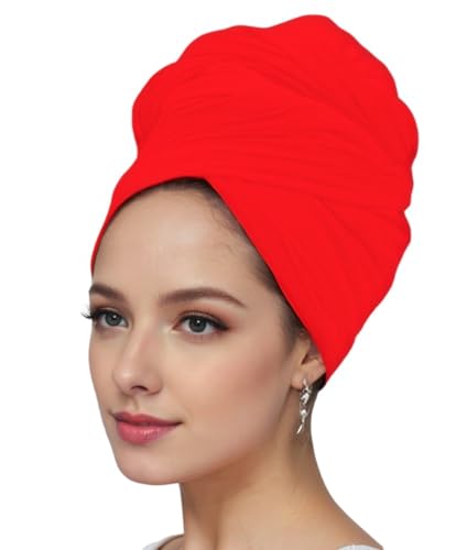vabovin Head Wraps for Black Women Stretch Jersey Knit Turban Headwrap Solid Color Headscarf Headband Shawl - color: 13- Red