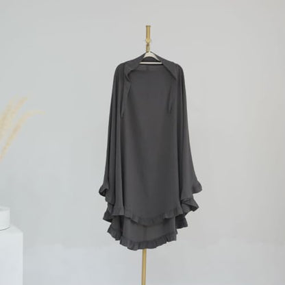 Boedaty Ramadan Eid Prayer Garment Long Khimar Hijab Scarf Wrap with Flounces Abaya Jilbab Muslim Islam for Women - color: Dark Gray1