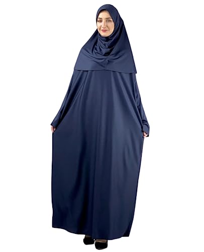 Women Prayer Clothes with Hijab Muslim Outfits Long Robe Abaya Turkish Islamic Dresses Dubai Kaftan with Rosary - color: Navy Blue