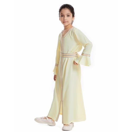 Girls Abaya Muslim Dress Hijab Islamic Kids Kaftan Long Sleeve Modest 2 Piece Set Prayer Gown Middle East A2 - color: Yellow, size: 4-5 Years